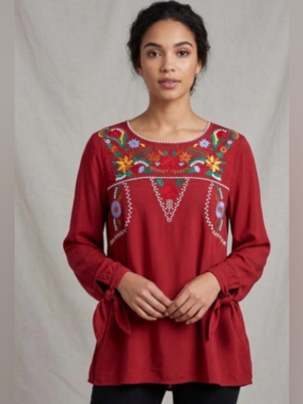 JODIFL Burgundy Long-Sleeve Embroidered Boho Blouse PTP 19’